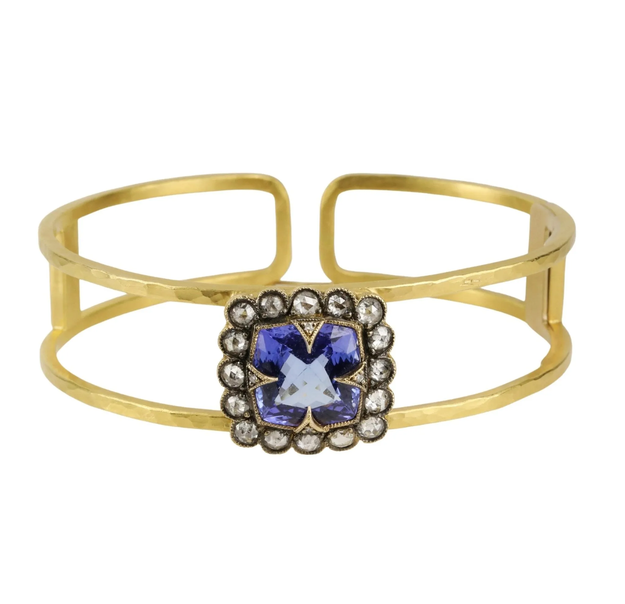 22k Gold Open Double Bracelet with Tanzanite Center and Diamond Lace Edge