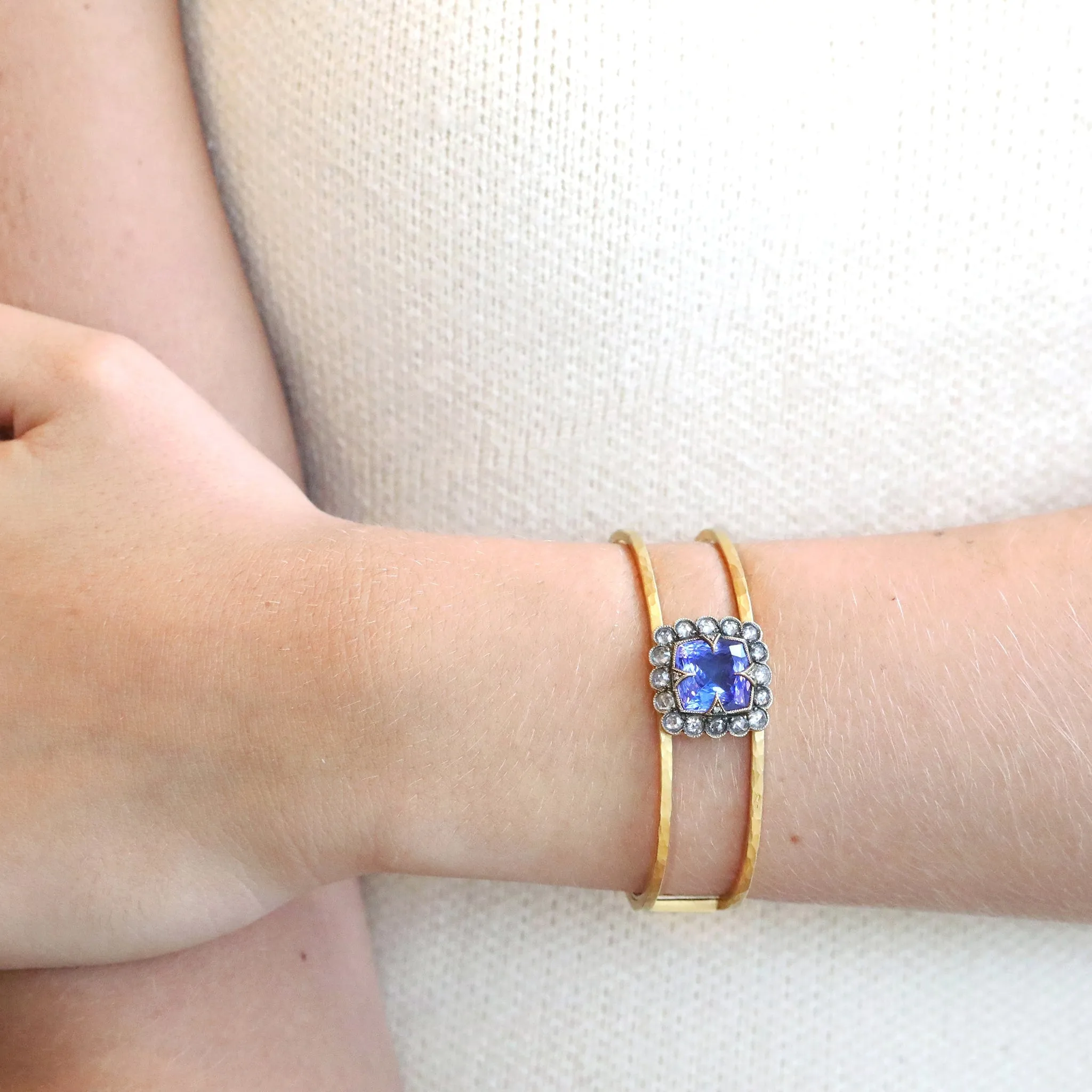 22k Gold Open Double Bracelet with Tanzanite Center and Diamond Lace Edge