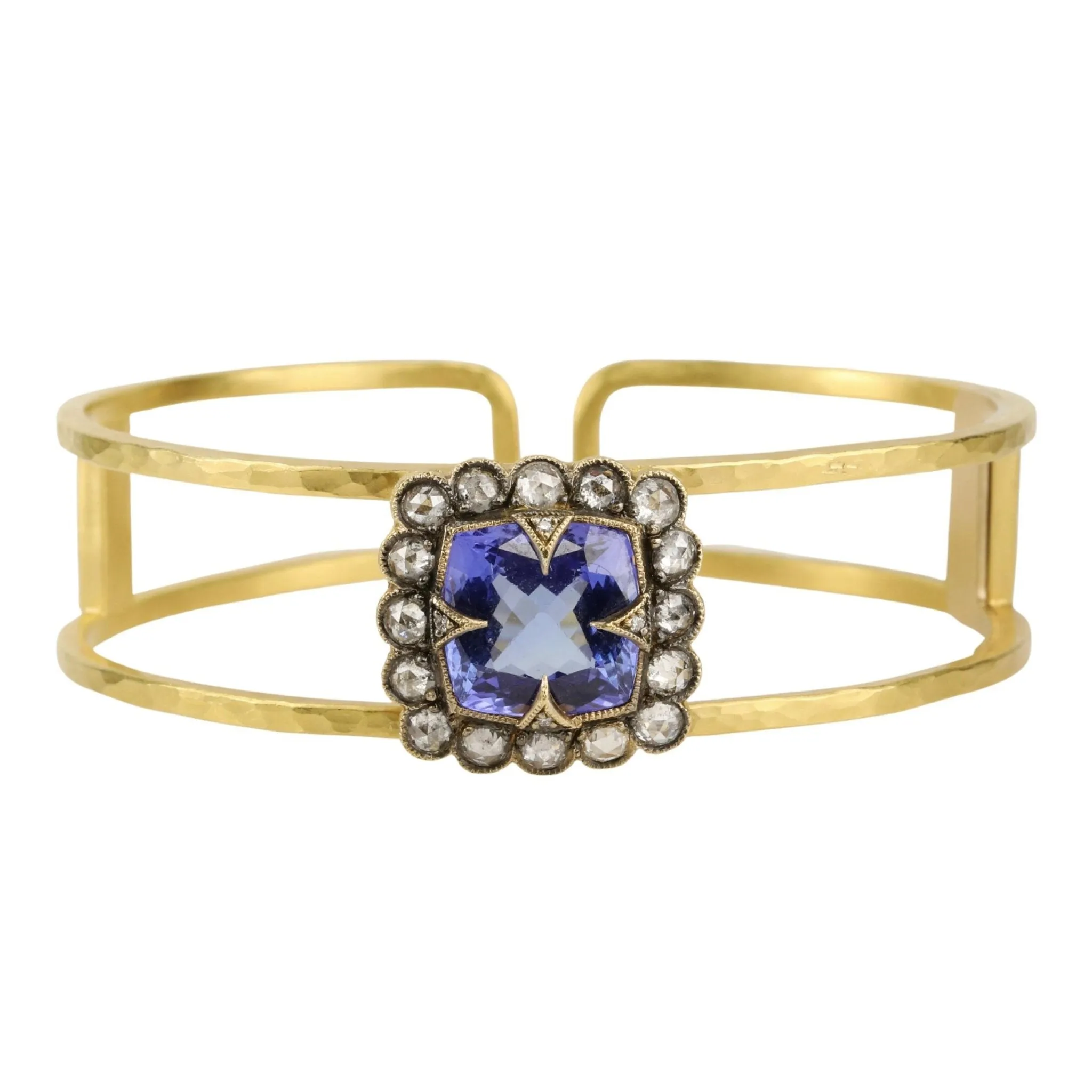 22k Gold Open Double Bracelet with Tanzanite Center and Diamond Lace Edge