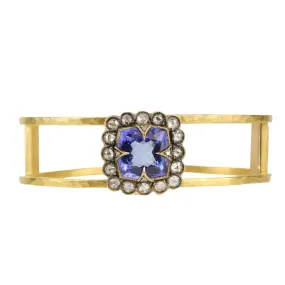 22k Gold Open Double Bracelet with Tanzanite Center and Diamond Lace Edge