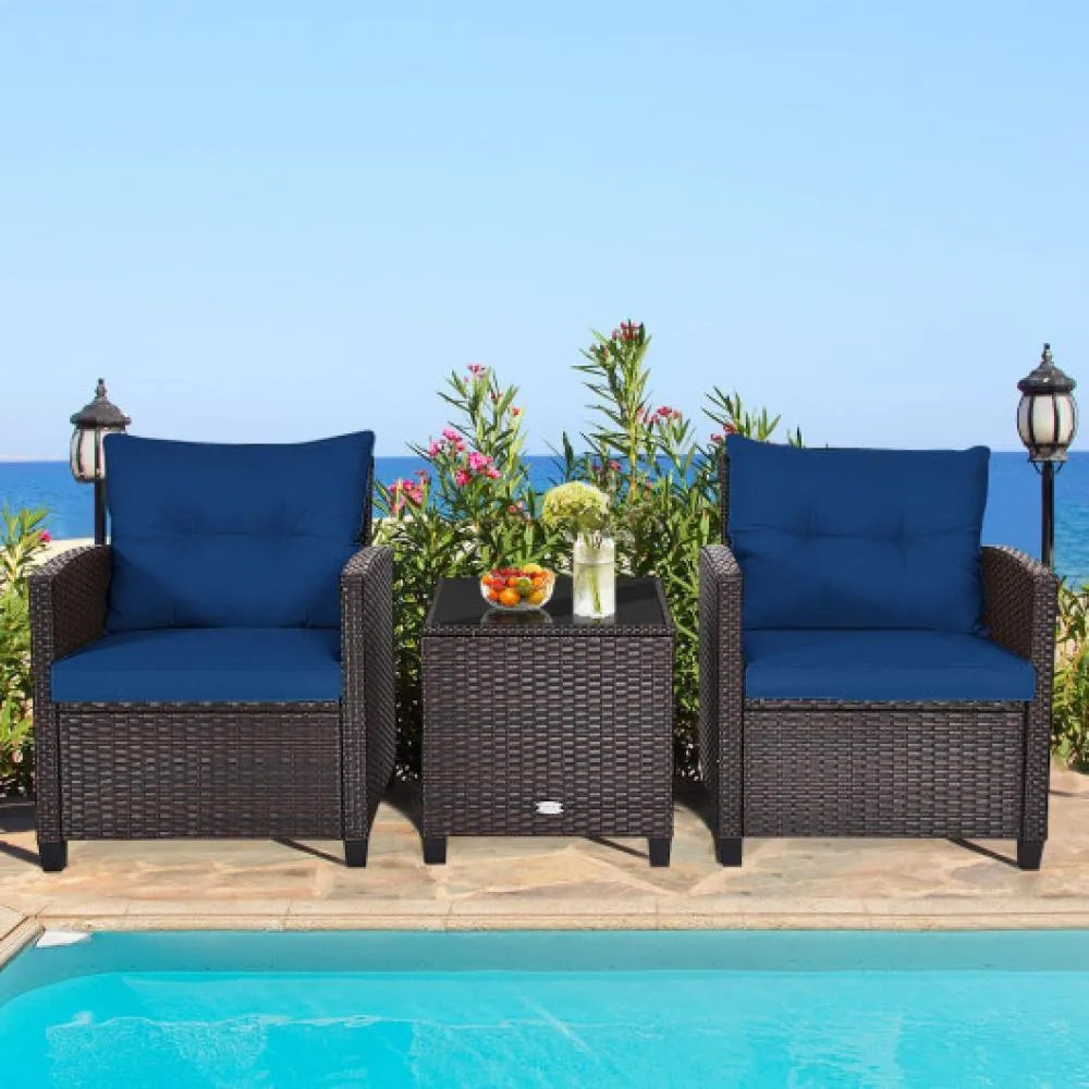 3 Pcs Patio Rattan Furniture Set Cushioned Conversation Set Coffee Table-Turquoise