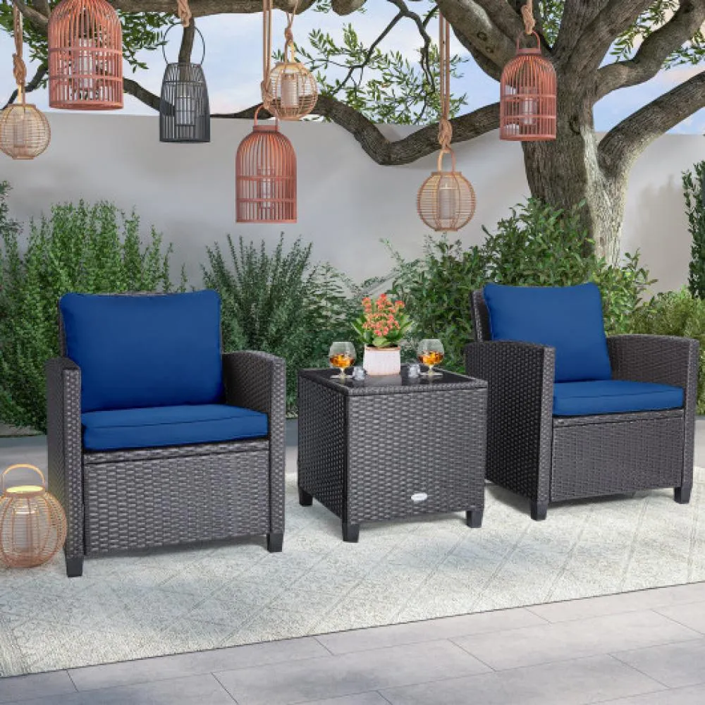 3 Pcs Patio Rattan Furniture Set Cushioned Conversation Set Coffee Table-Turquoise