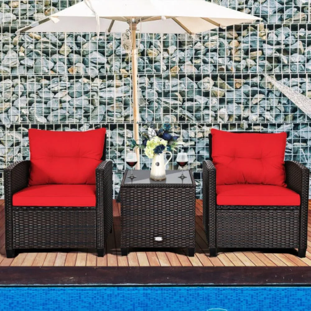 3 Pcs Patio Rattan Furniture Set Cushioned Conversation Set Coffee Table-Turquoise