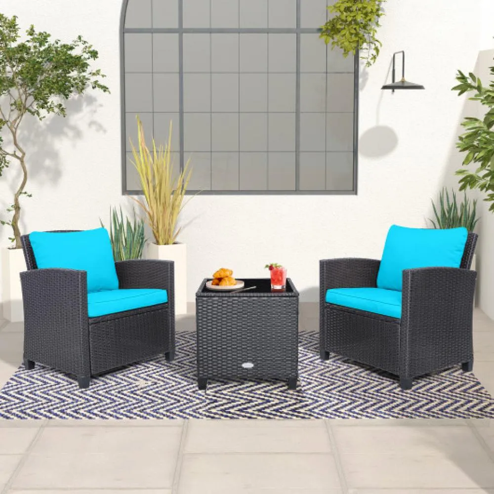 3 Pcs Patio Rattan Furniture Set Cushioned Conversation Set Coffee Table-Turquoise