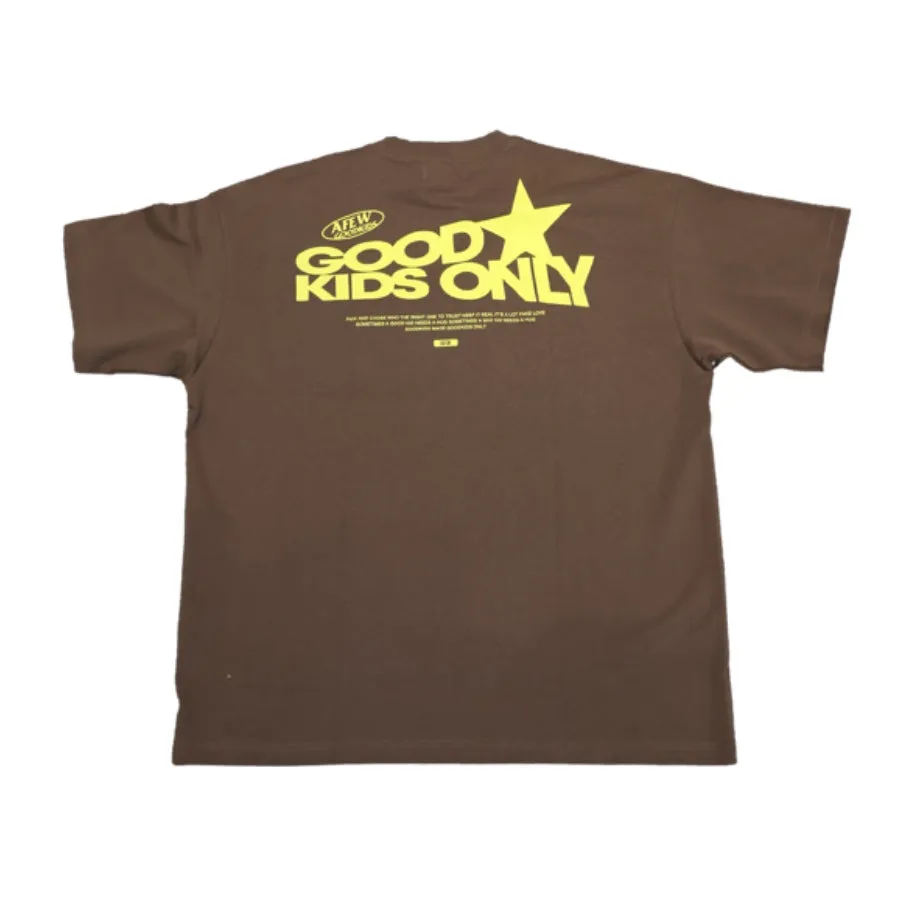 A Few Good Kids Cursive Lettering Logo Brown Yellow Tee