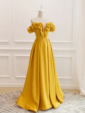 A-Line Off Shoulder Satin Yellow Long Prom Dress, Yellow Formal Evening Dress