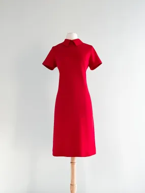 Absolutely Darling 1960's Ruby Red Wool Knit Mod Dress From Harrods / Sz M