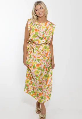 Abstract Floral Satin Maxi Dress