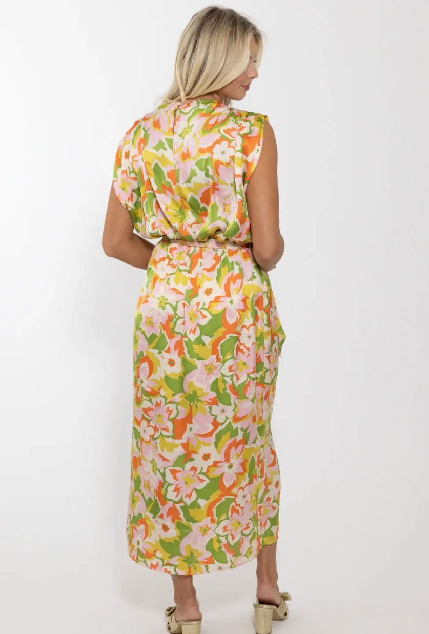 Abstract Floral Satin Maxi Dress