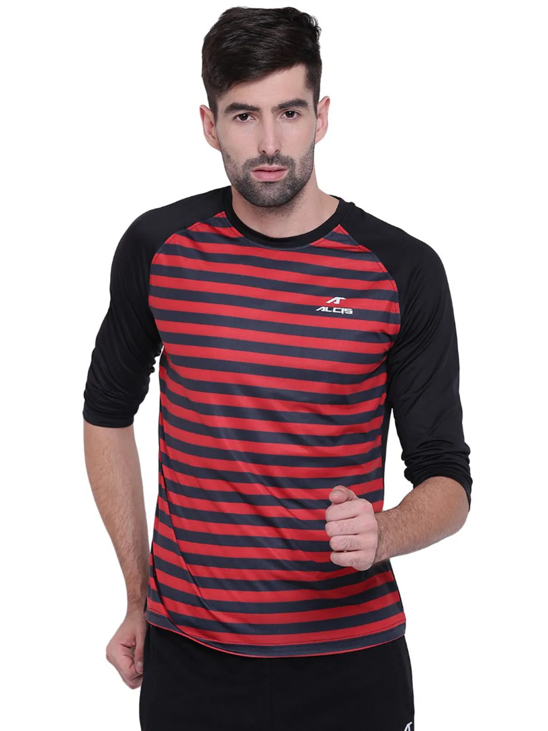 Alcis Men Black Striped Round Neck T-shirt 108MTE129