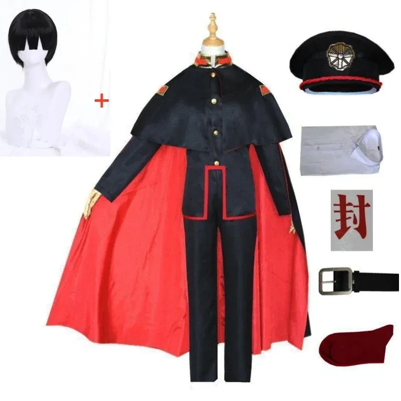 Anime Jibaku Shounen Hanako kun Yugi Amane Cosplay Halloween Costume Toilet Binding Cloak Black Full Set Uniform Wig Hat Set