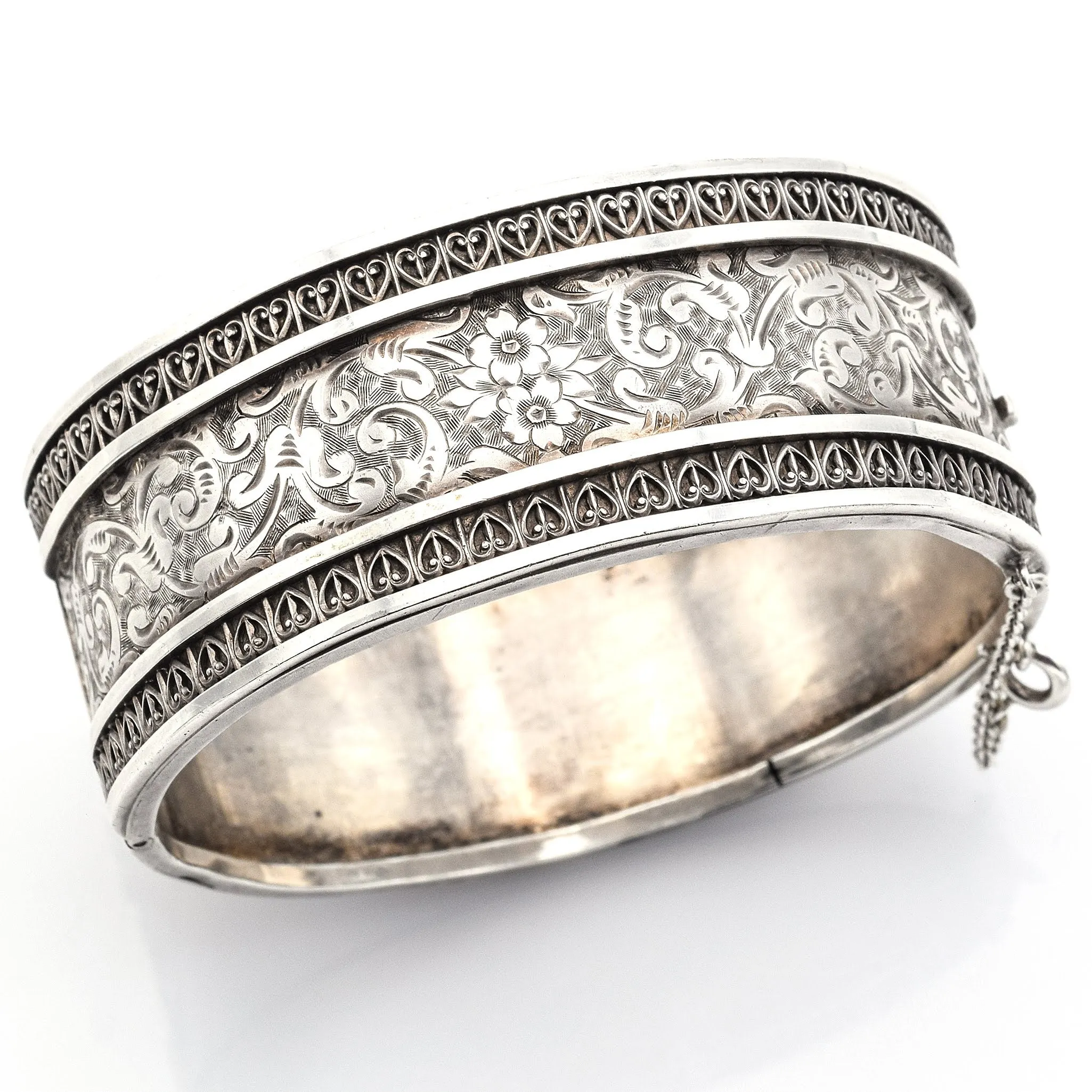 Antique Sterling Silver Victorian Floral Etched Bangle Bracelet