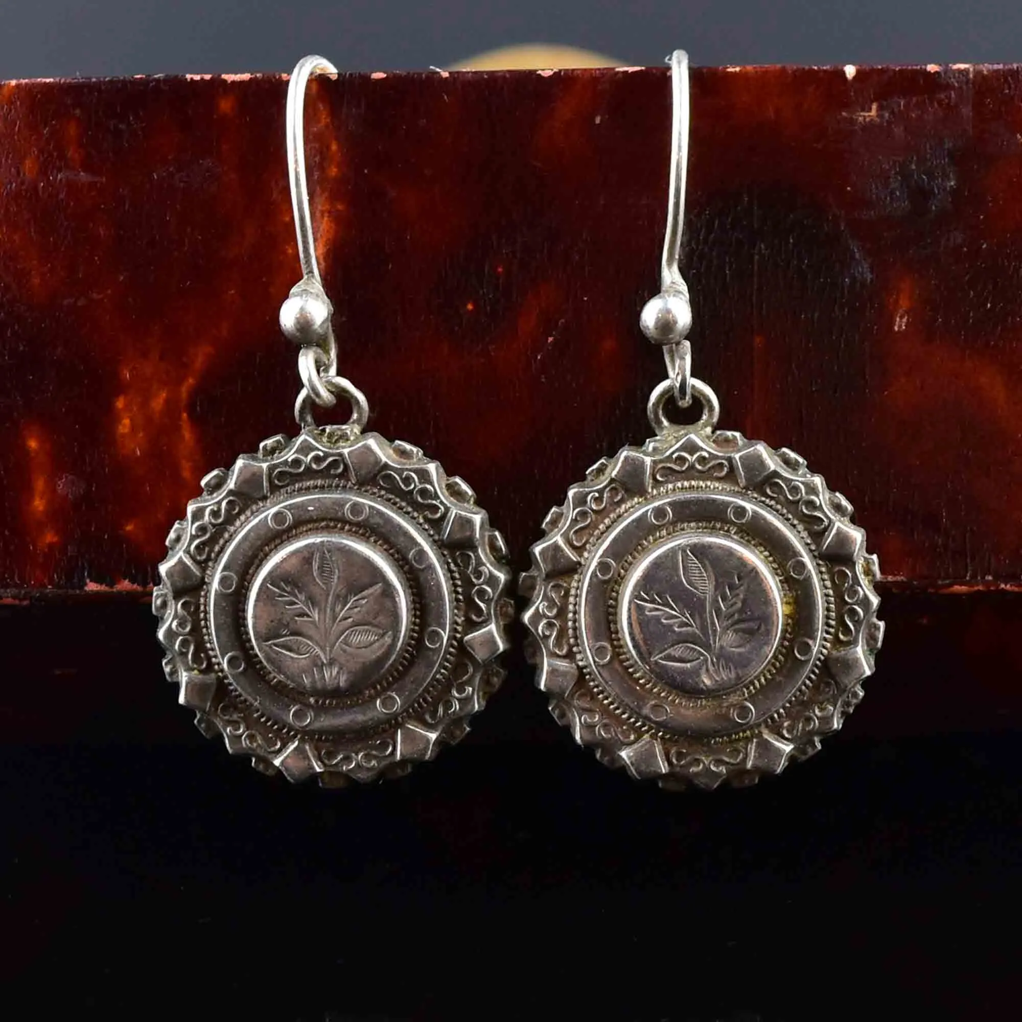 Antique Victorian Engraved Silver Floral Earrings