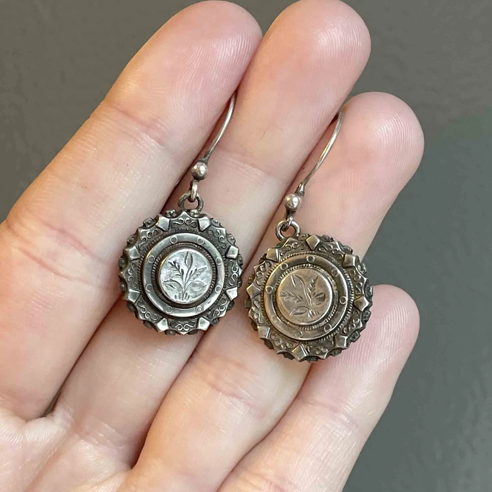 Antique Victorian Engraved Silver Floral Earrings