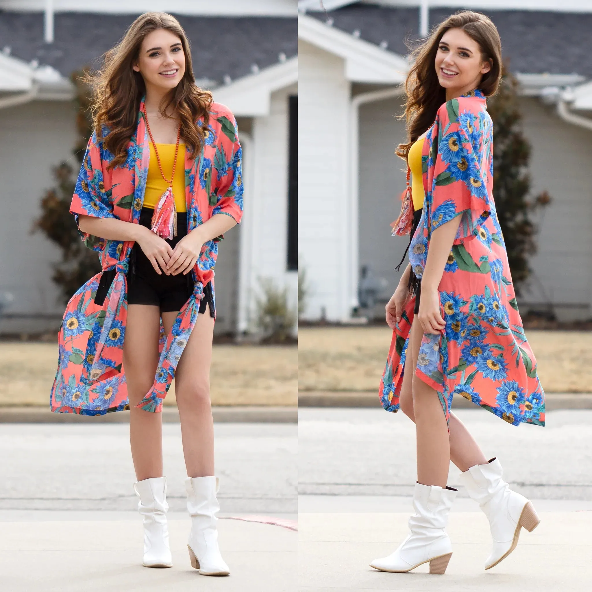 Coral Duster with blue floral print