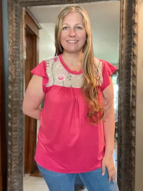 Coral Embroidered Floral Print Ruffle Sleeve Top