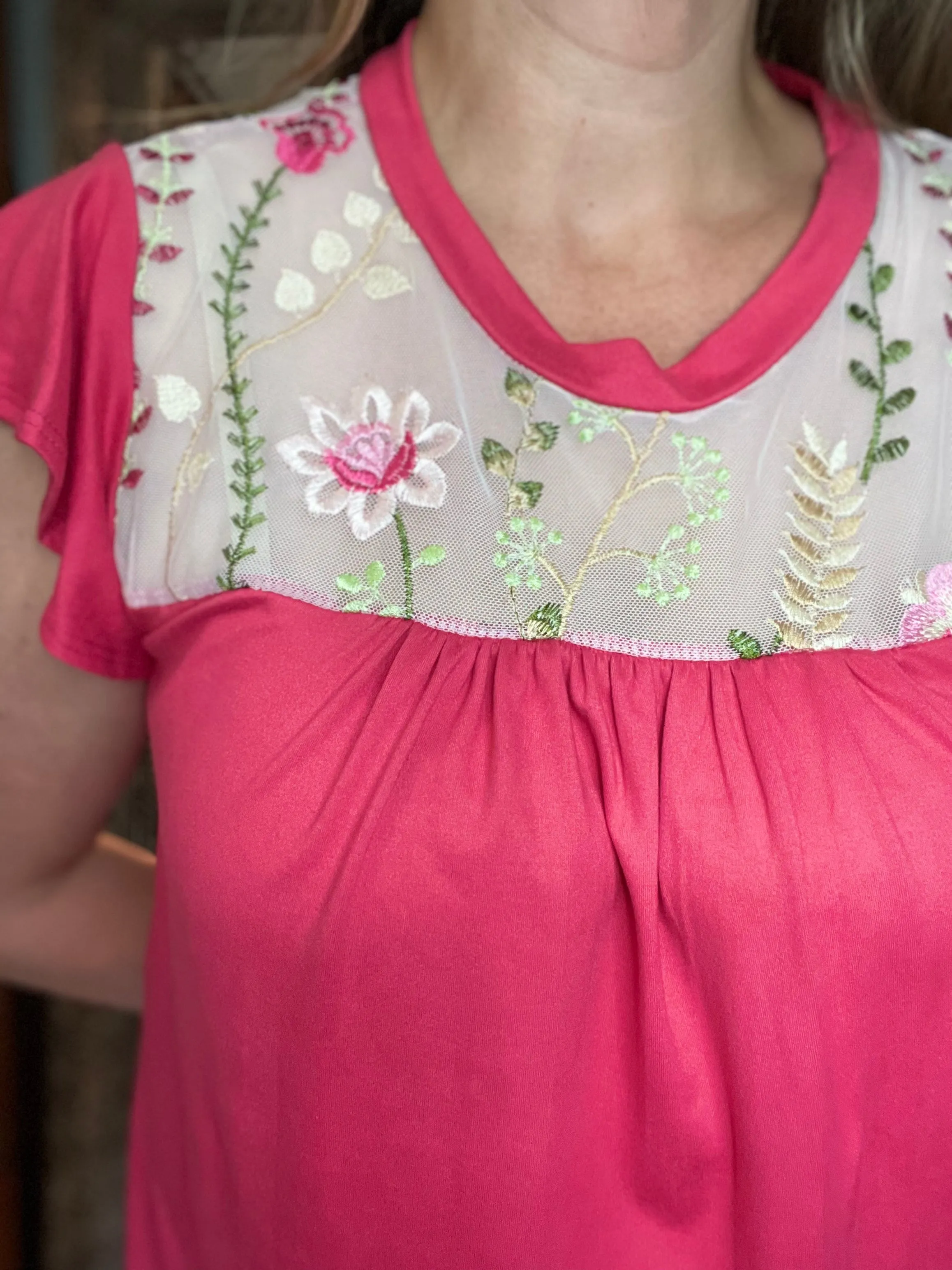 Coral Embroidered Floral Print Ruffle Sleeve Top