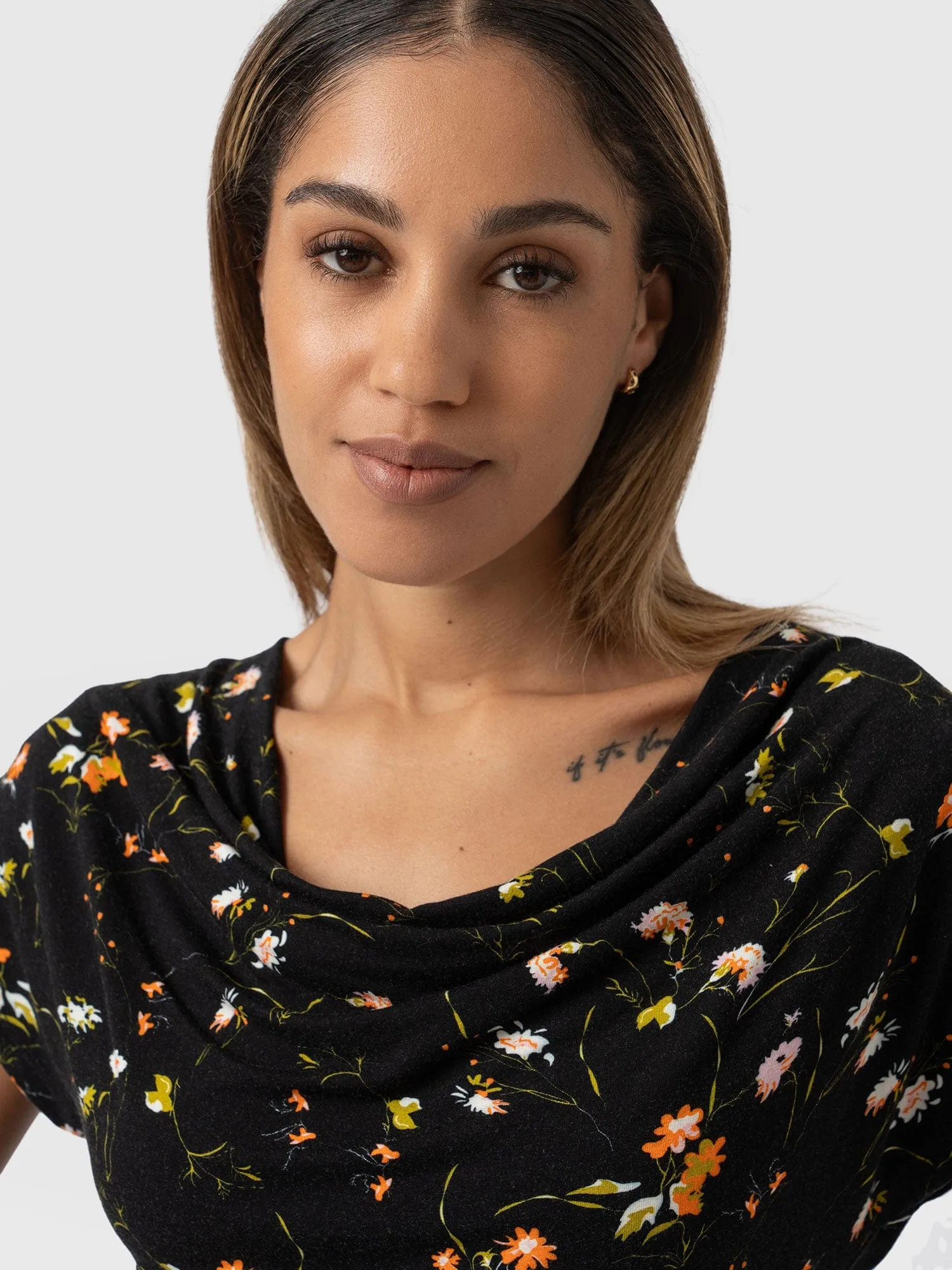 Cowl Neck Tee - Black Floral