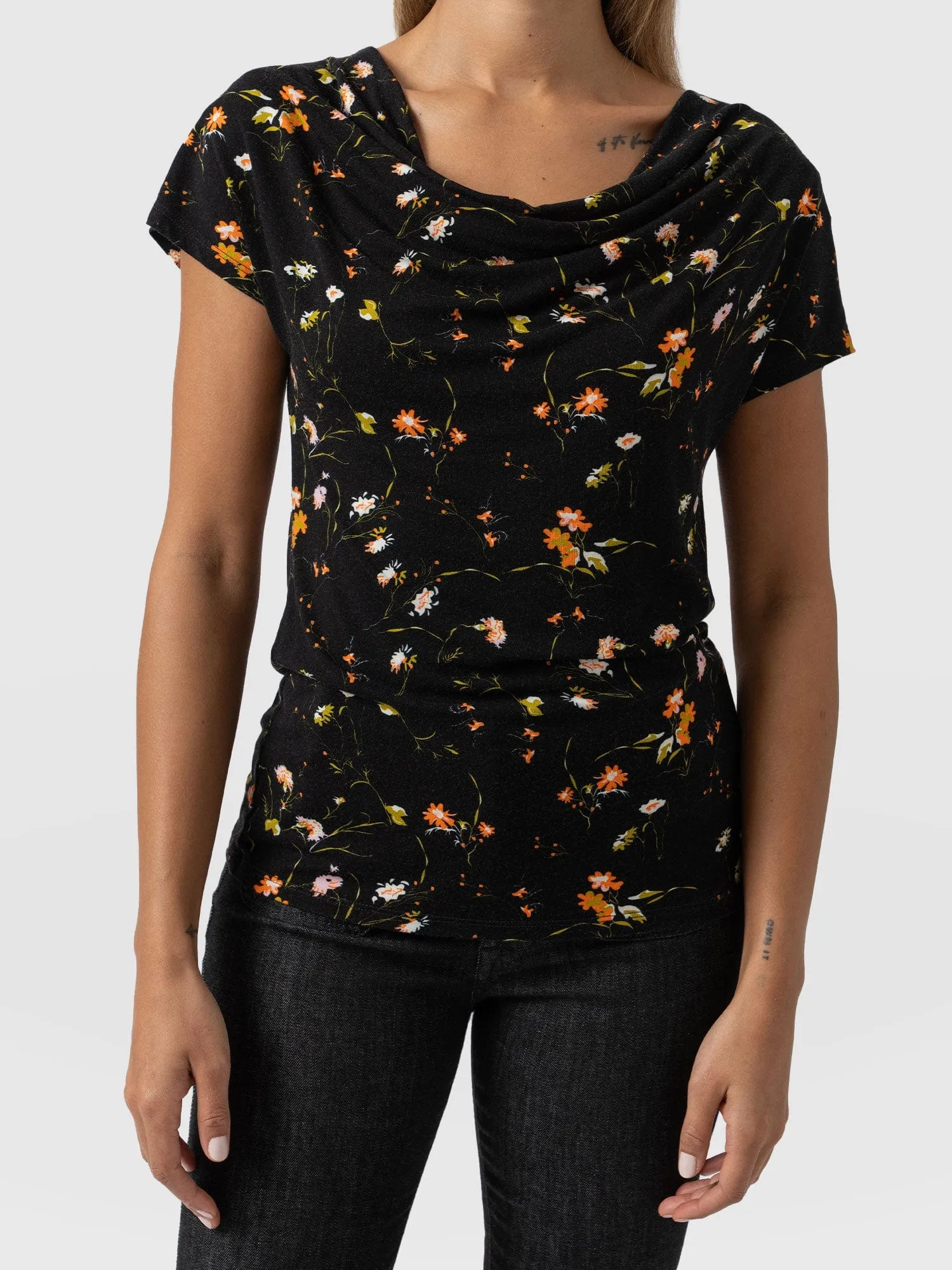 Cowl Neck Tee - Black Floral