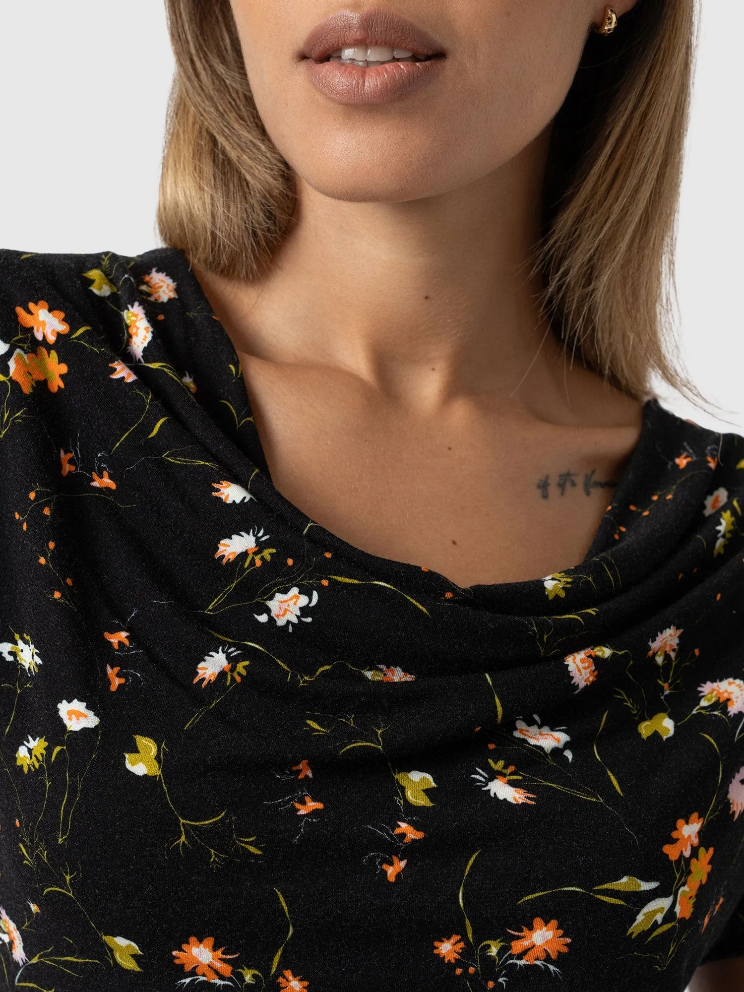 Cowl Neck Tee - Black Floral