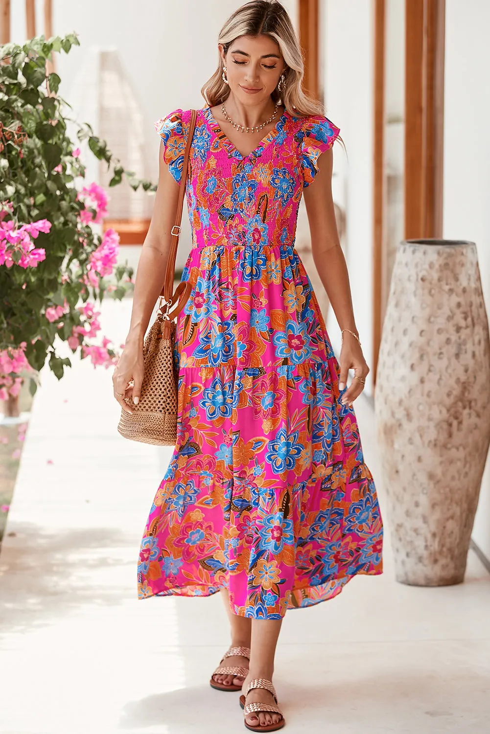 Dark Blue Boho Floral V Neck Ruffle Tiered Long Dress