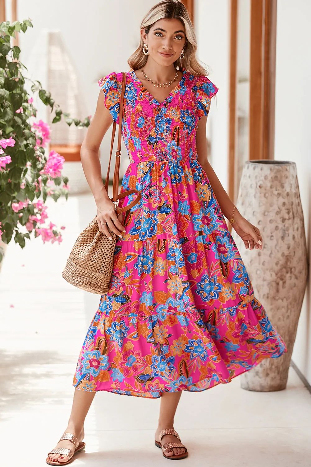 Dark Blue Boho Floral V Neck Ruffle Tiered Long Dress