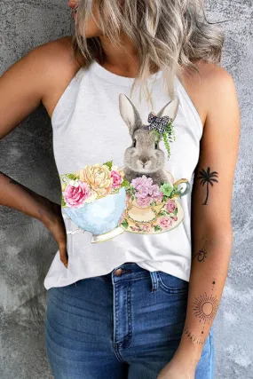 Easter Bunny Floral Tank Tops Womens Round Neck Sleeveless Tops