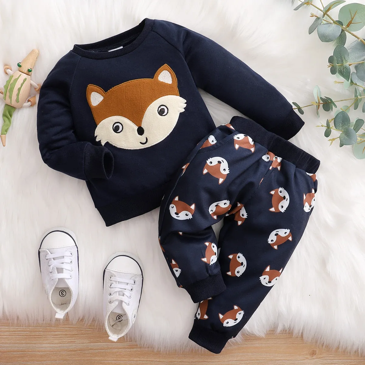 Fox Navy Baby Romper and Pants Set