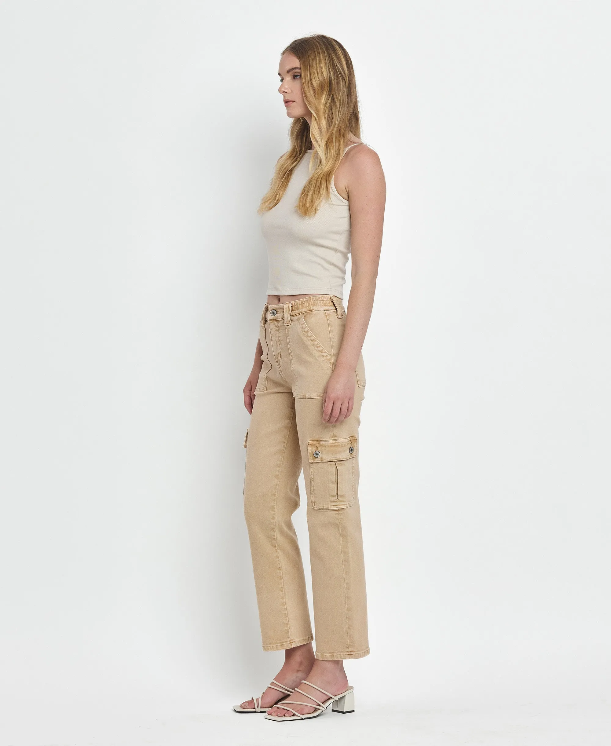 Khaki- High Rise Cargo Straight Jeans