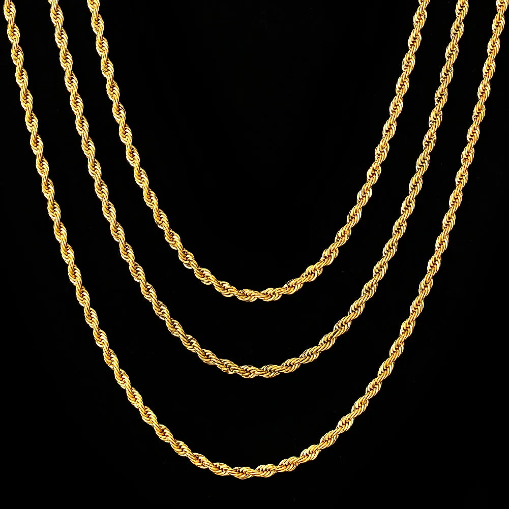 KRKC 3mm Stainless Steel Mens Rope Chains Set in 18K Gold