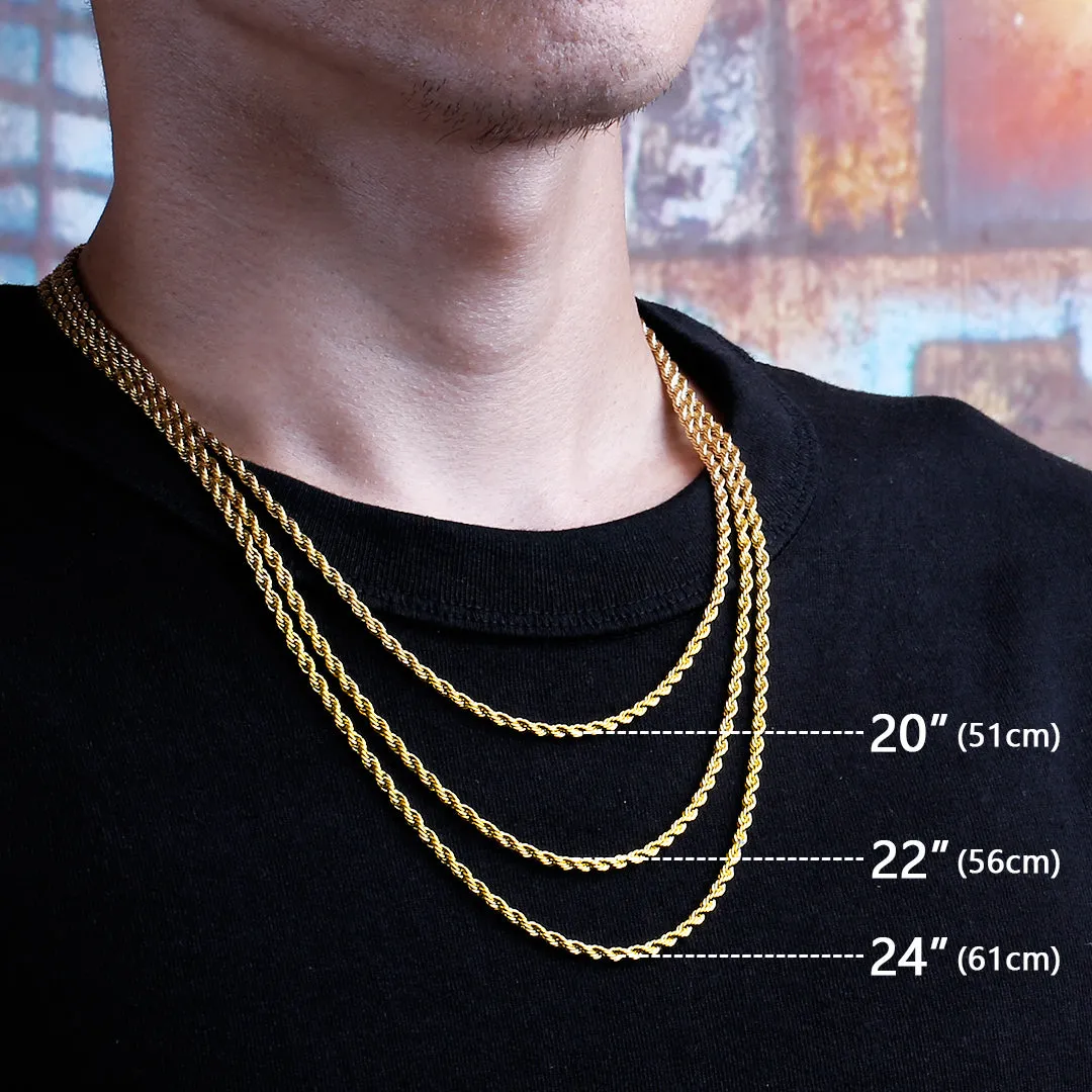 KRKC 3mm Stainless Steel Mens Rope Chains Set in 18K Gold