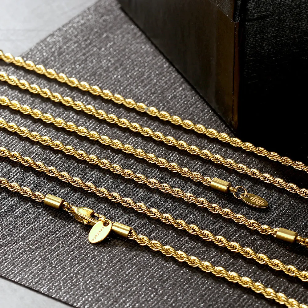 KRKC 3mm Stainless Steel Mens Rope Chains Set in 18K Gold