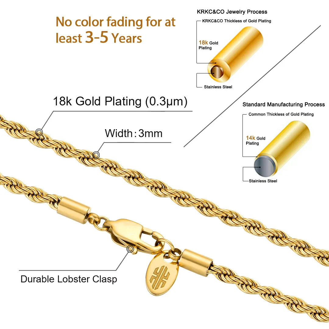 KRKC 3mm Stainless Steel Mens Rope Chains Set in 18K Gold