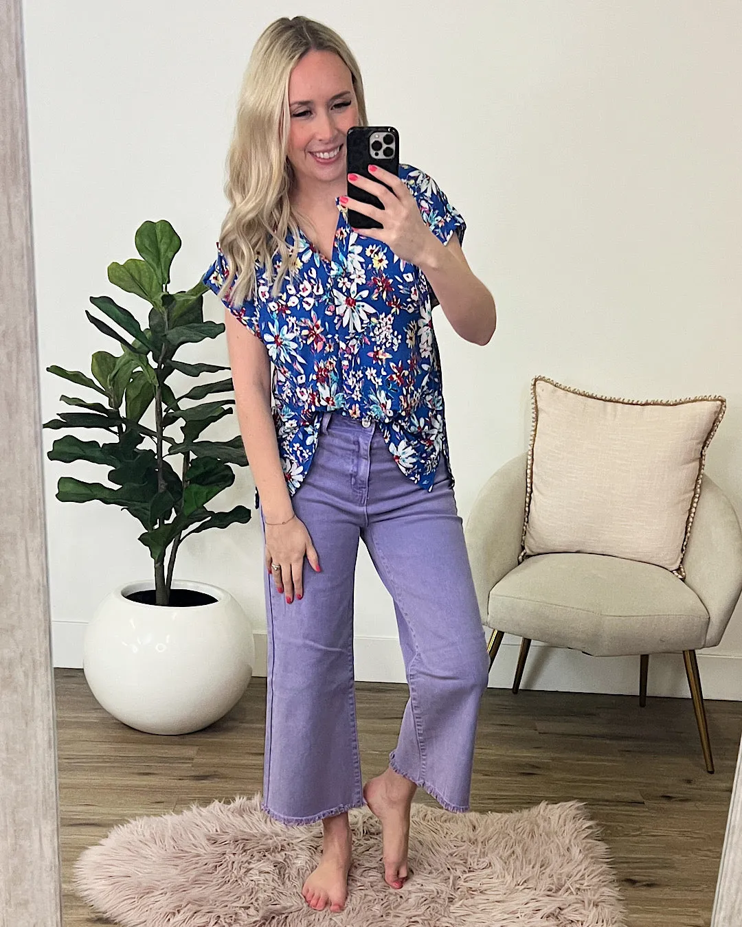 Lizzie Notched Neck Floral Top - Royal