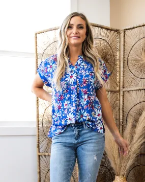 Lizzie Notched Neck Floral Top - Royal