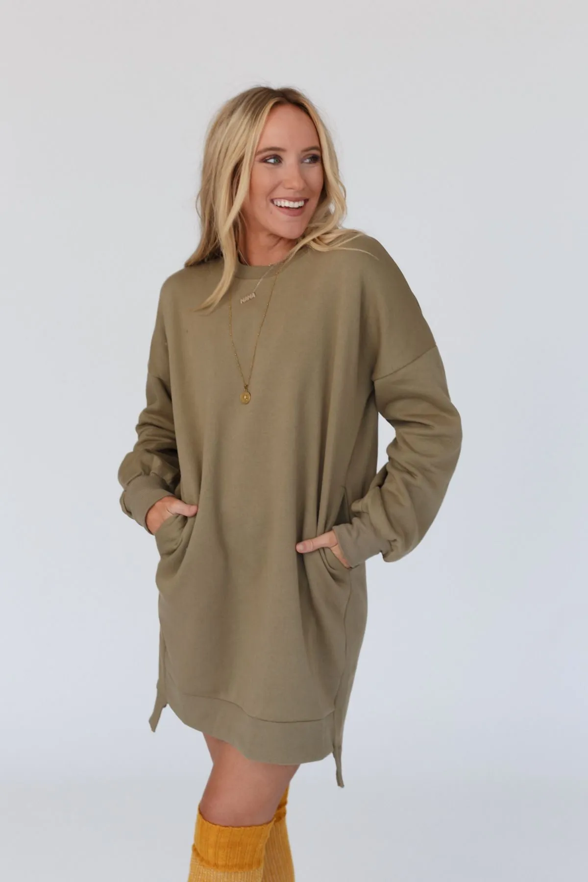 Luna Cozy Sweatshirt Dress - Khaki