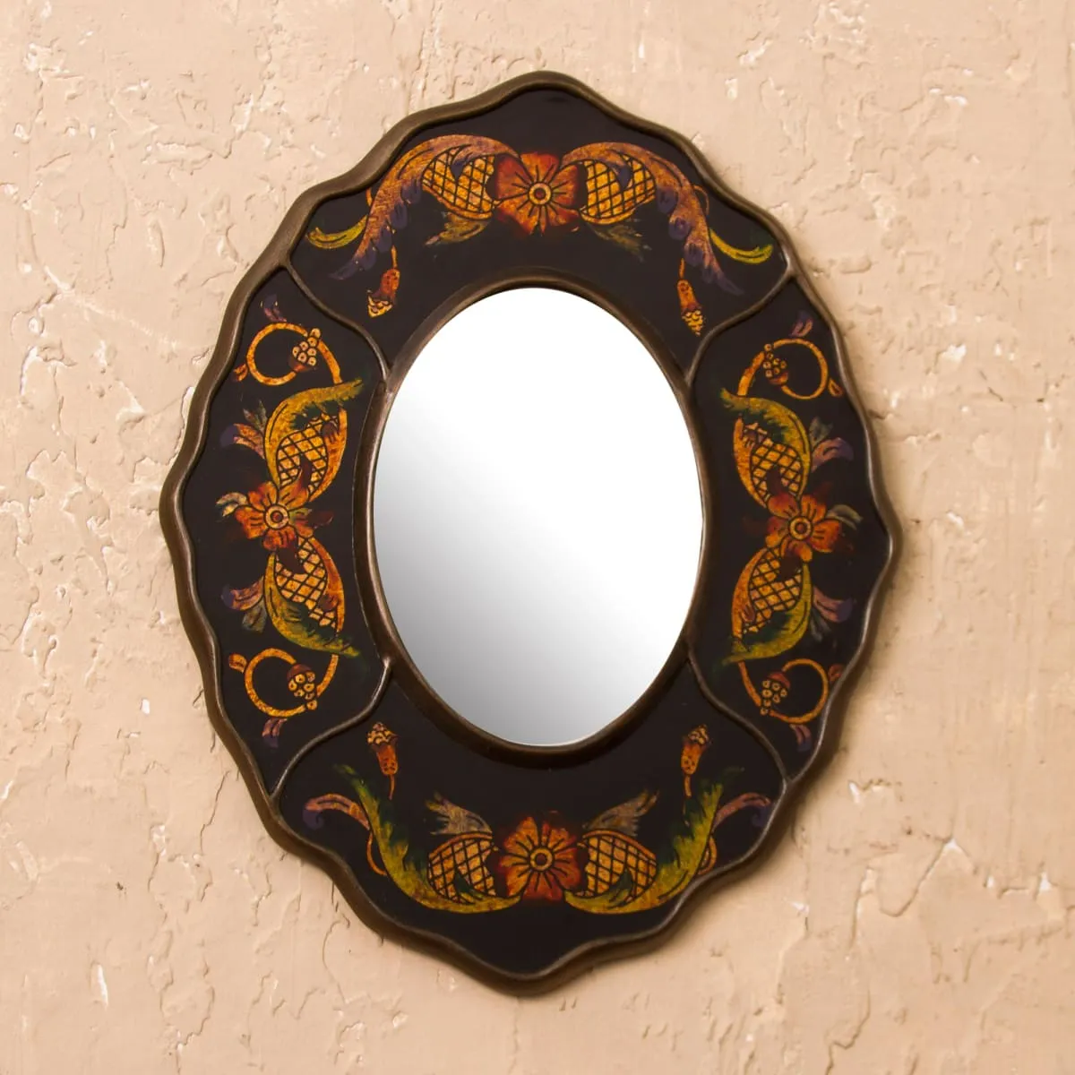 Novica Black Colonial Wreath Reverse-Painted Glass Wall Mirror