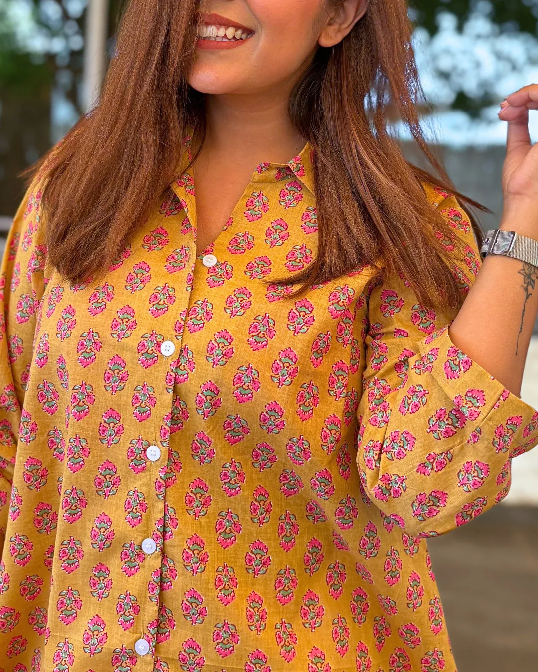 Ochre Floral Printed Cotton Aline Shirt