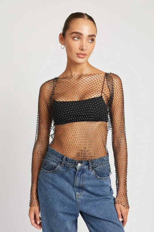 RHINESTONES NET LONG SLEEVE TOP