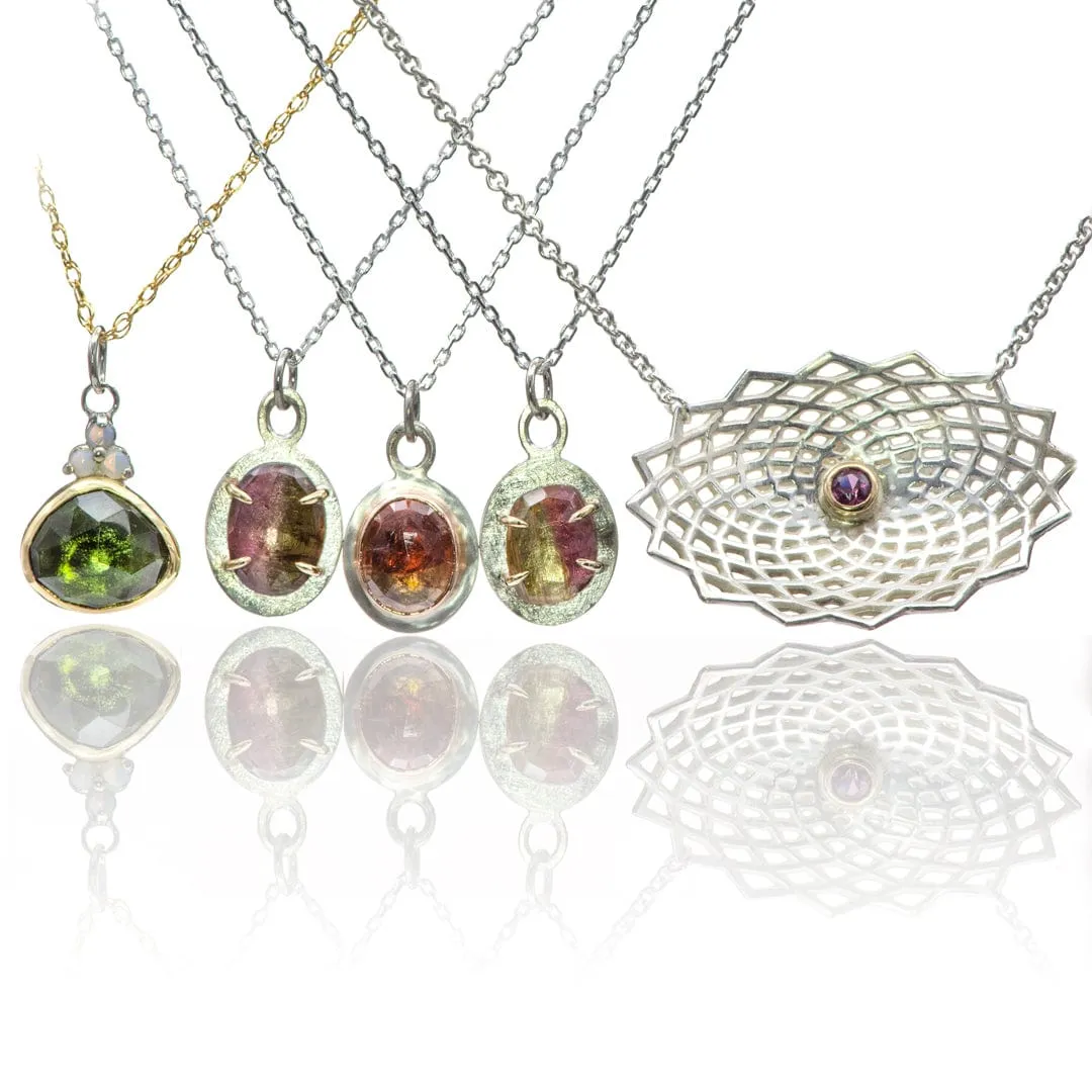 Rose cut Green Tourmaline & Opal Pendant Necklace in Sterling Silver and 18k gold , Ready to ship