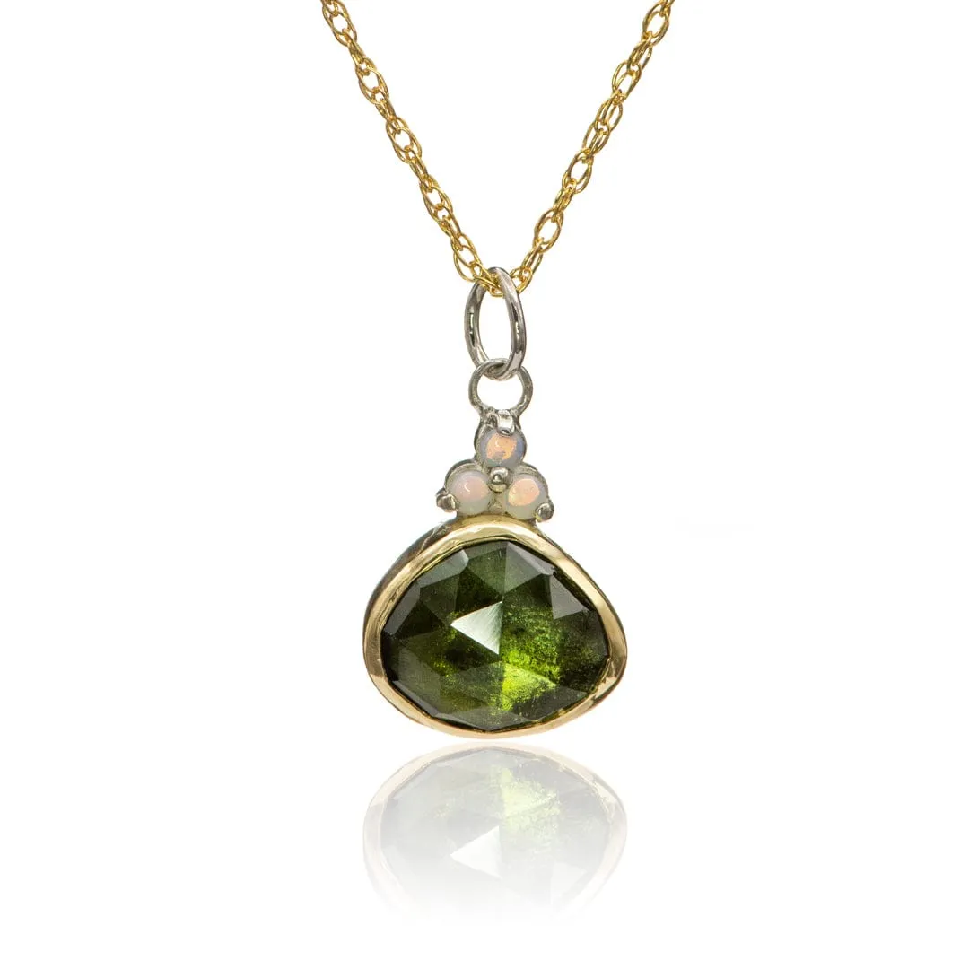 Rose cut Green Tourmaline & Opal Pendant Necklace in Sterling Silver and 18k gold , Ready to ship