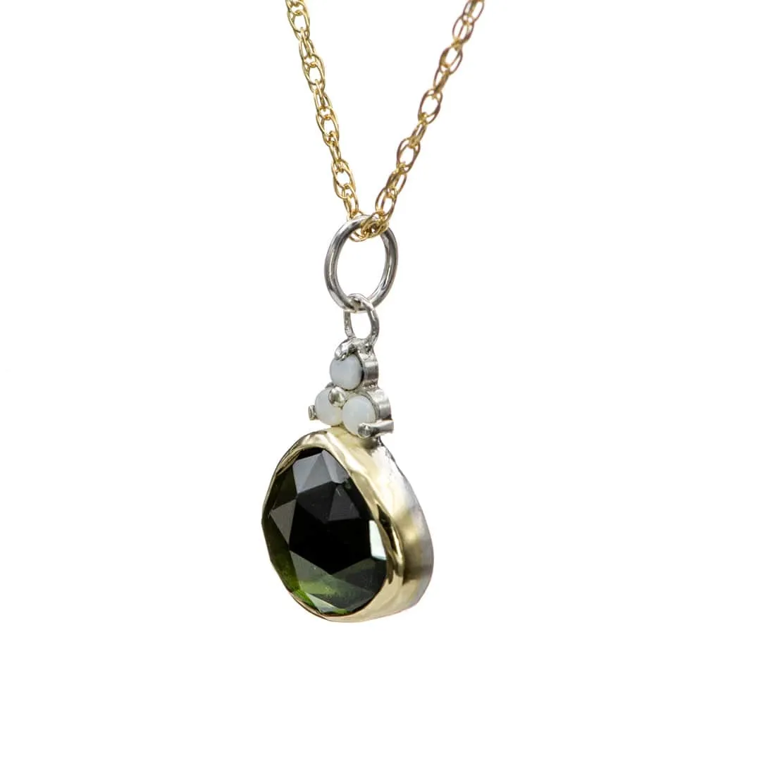 Rose cut Green Tourmaline & Opal Pendant Necklace in Sterling Silver and 18k gold , Ready to ship