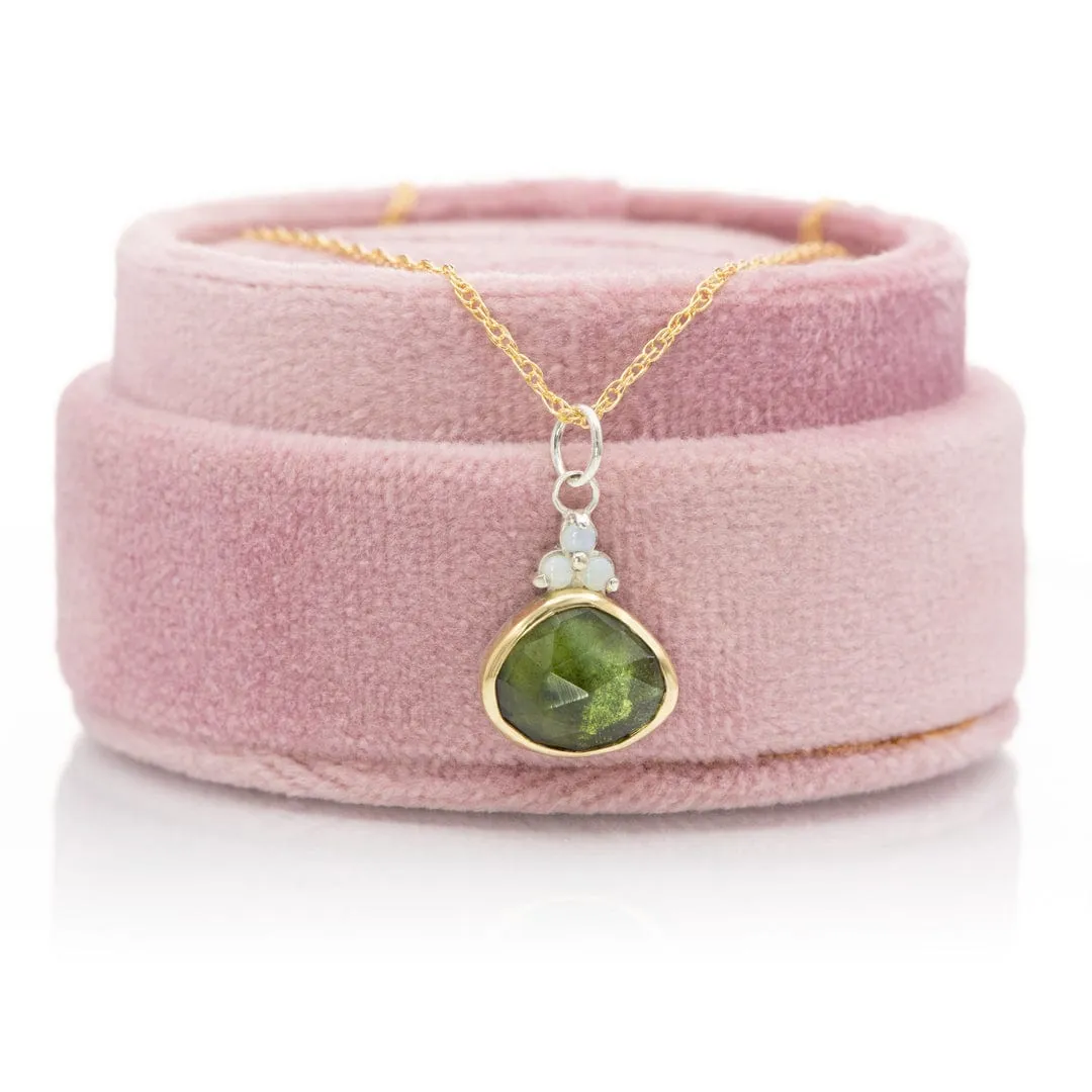 Rose cut Green Tourmaline & Opal Pendant Necklace in Sterling Silver and 18k gold , Ready to ship