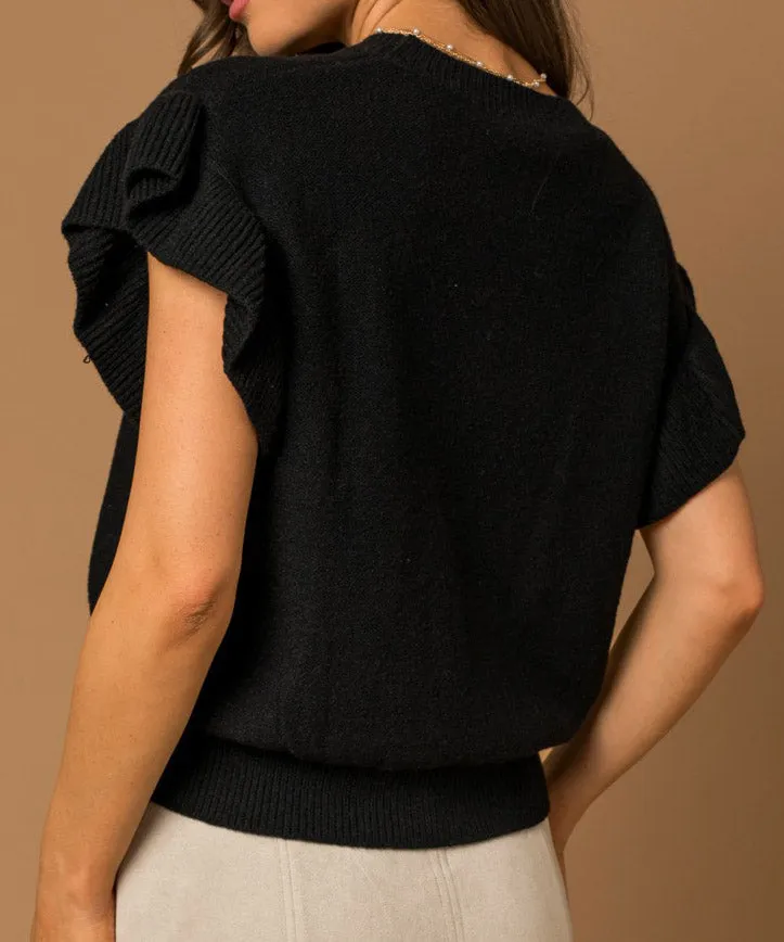 Ruffle Sleeve Knit Top - Black - FINAL SALE