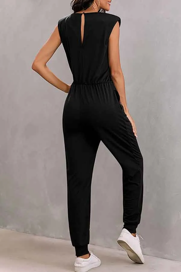 Solid Sleeveless Jumpsuits For Women With Shoulder Padded