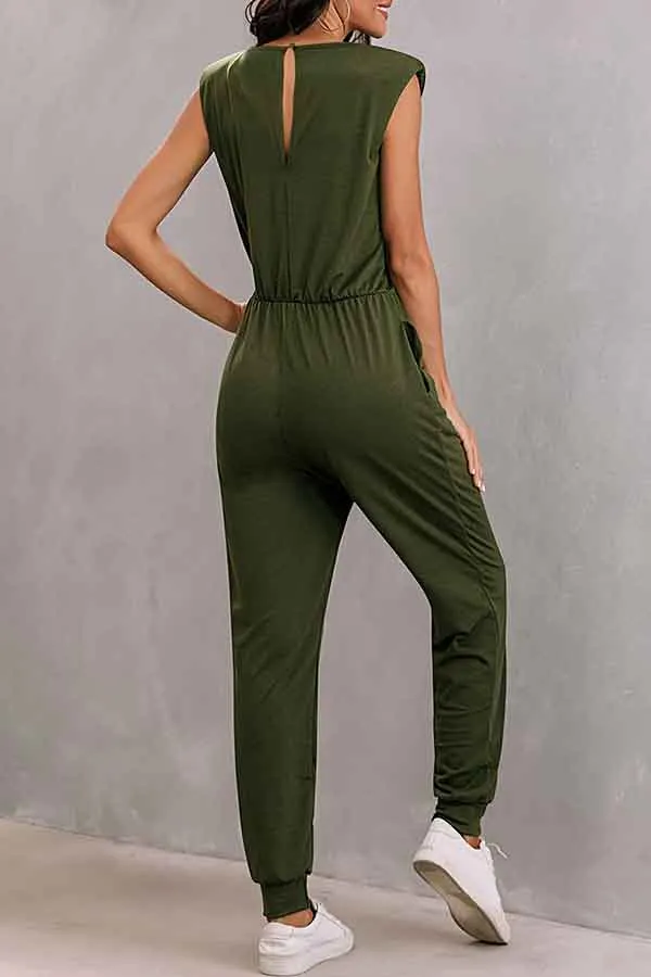 Solid Sleeveless Jumpsuits For Women With Shoulder Padded