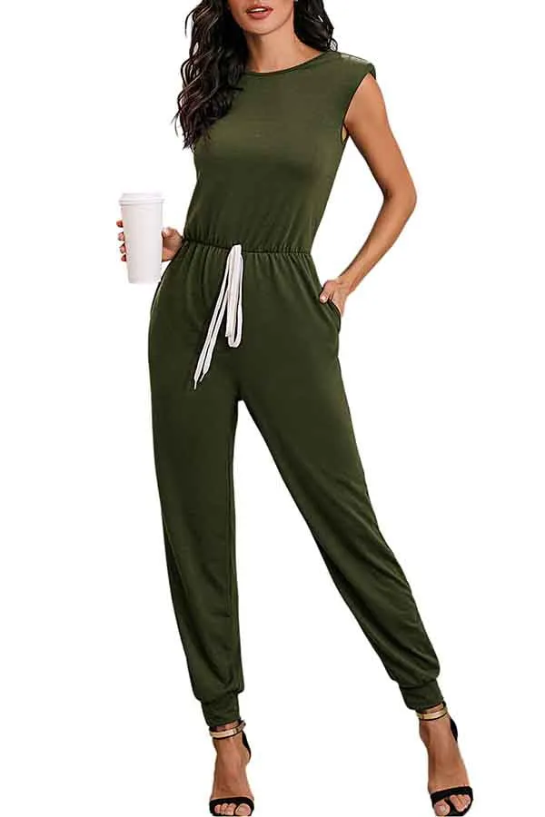 Solid Sleeveless Jumpsuits For Women With Shoulder Padded