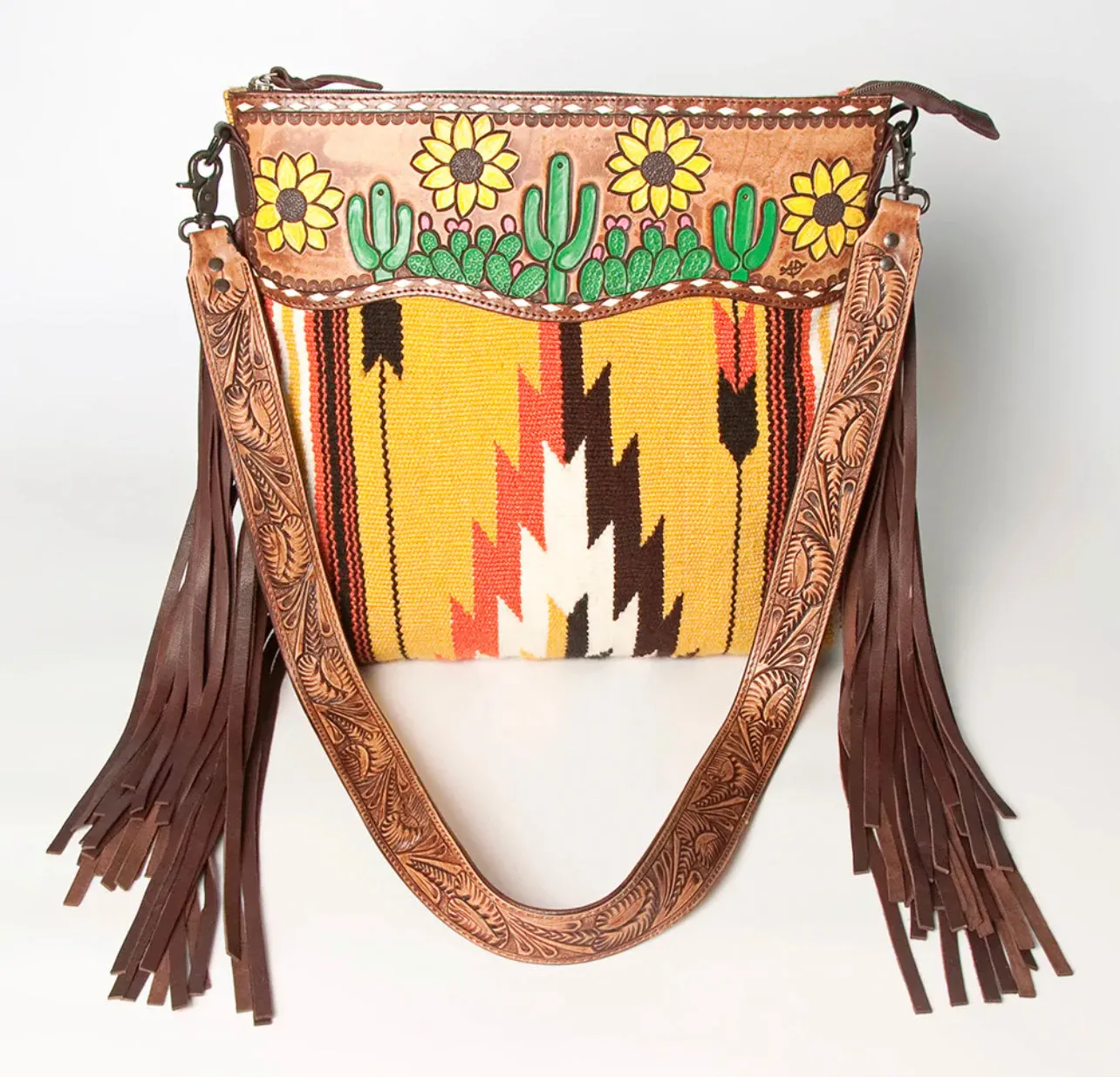 Sunflower Cactus Saddle Blanket Tooled Leather Crossbody 2