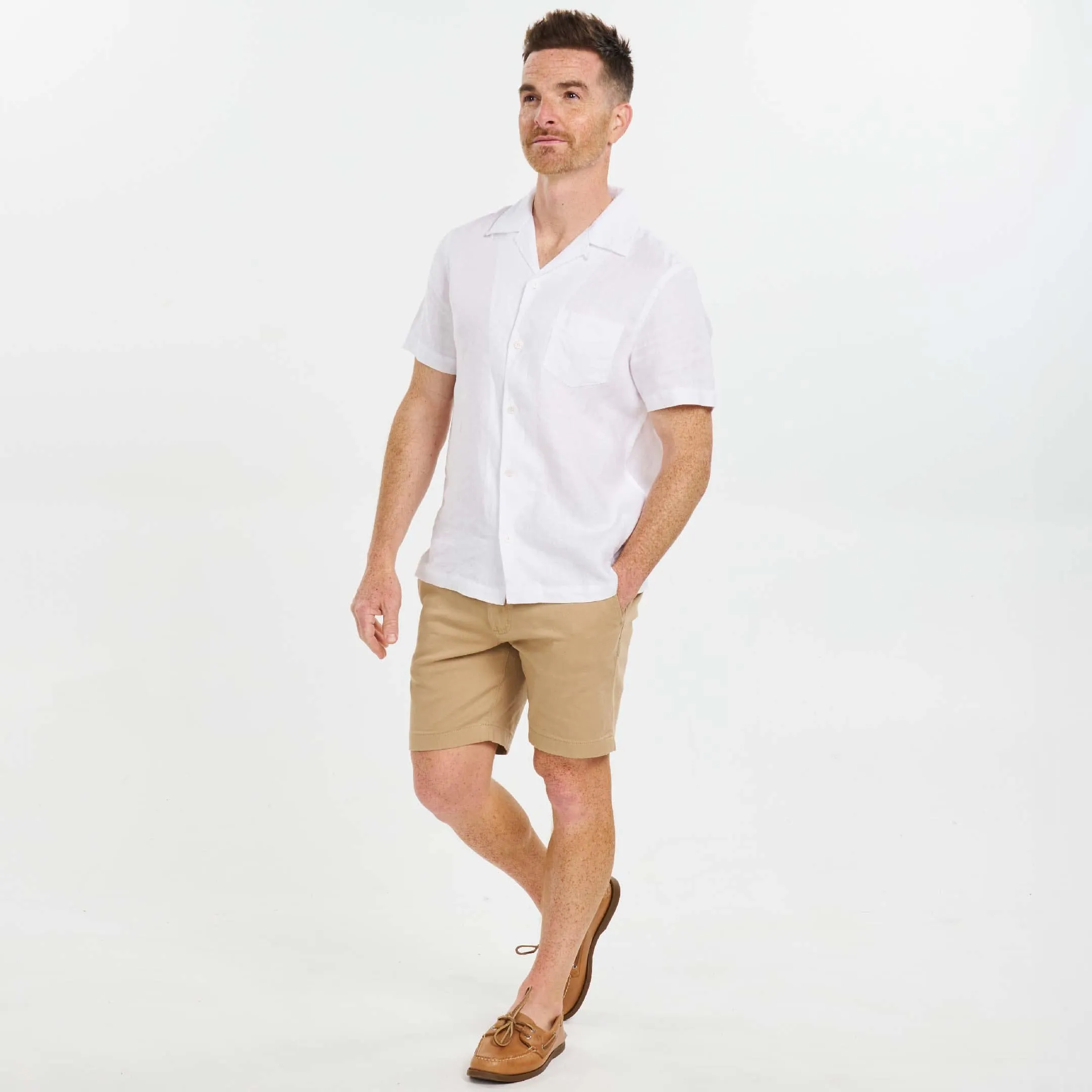 White Linen Camp Collar Short Sleeve Shirt