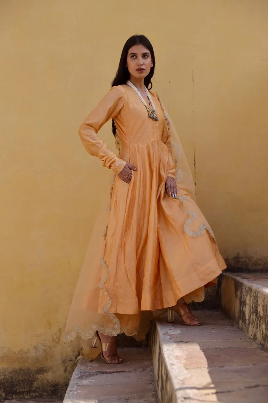 Yellow zari work chanderi anarkali set